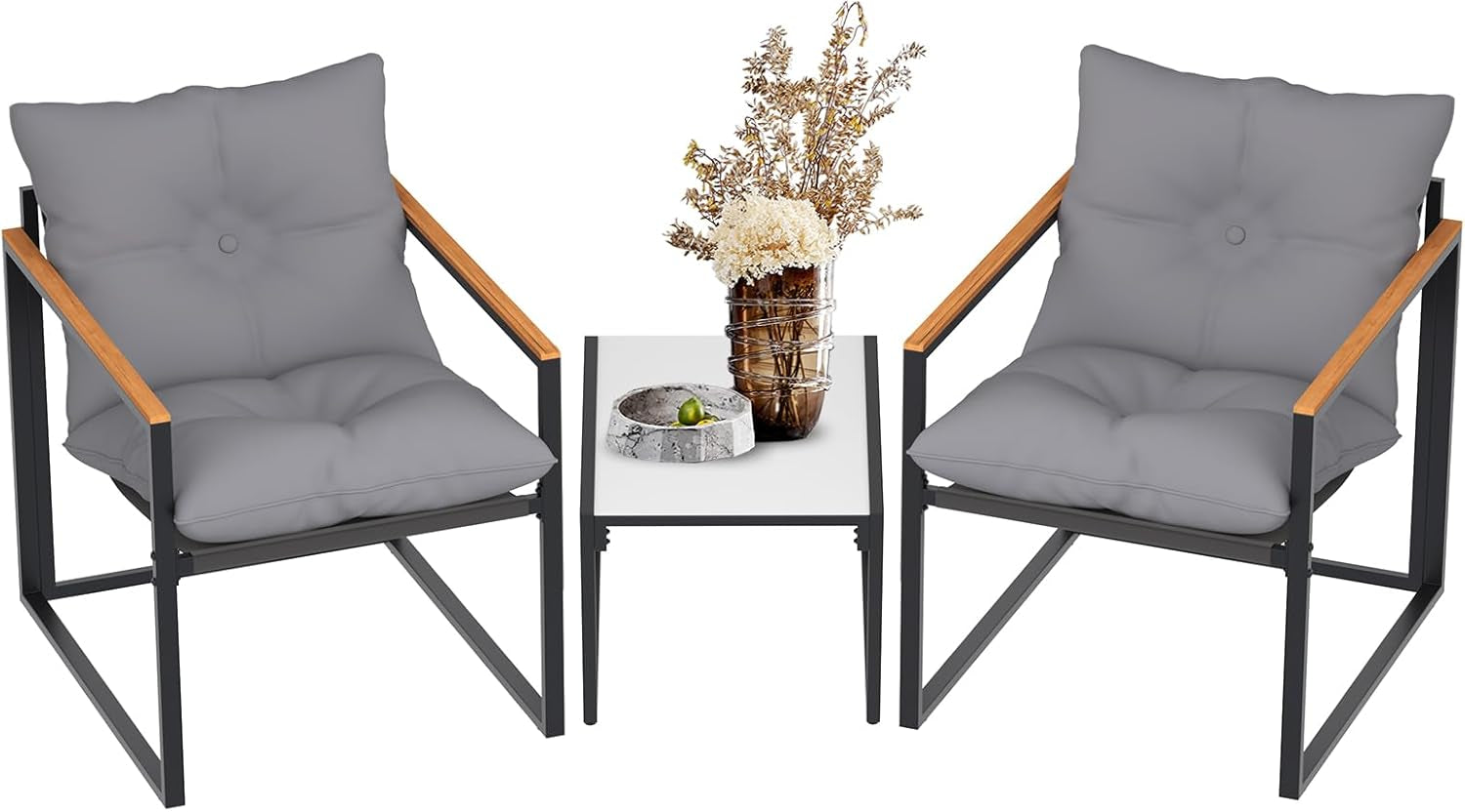 Patio Outdoor Furniture 3 Pcs Bistro/Converstation Set with 2 Chairs and 1 Coffee Table, Together with Cushions&Backrest, for Patio, Indoor, Garden, Balcony, Poolside, Bistro