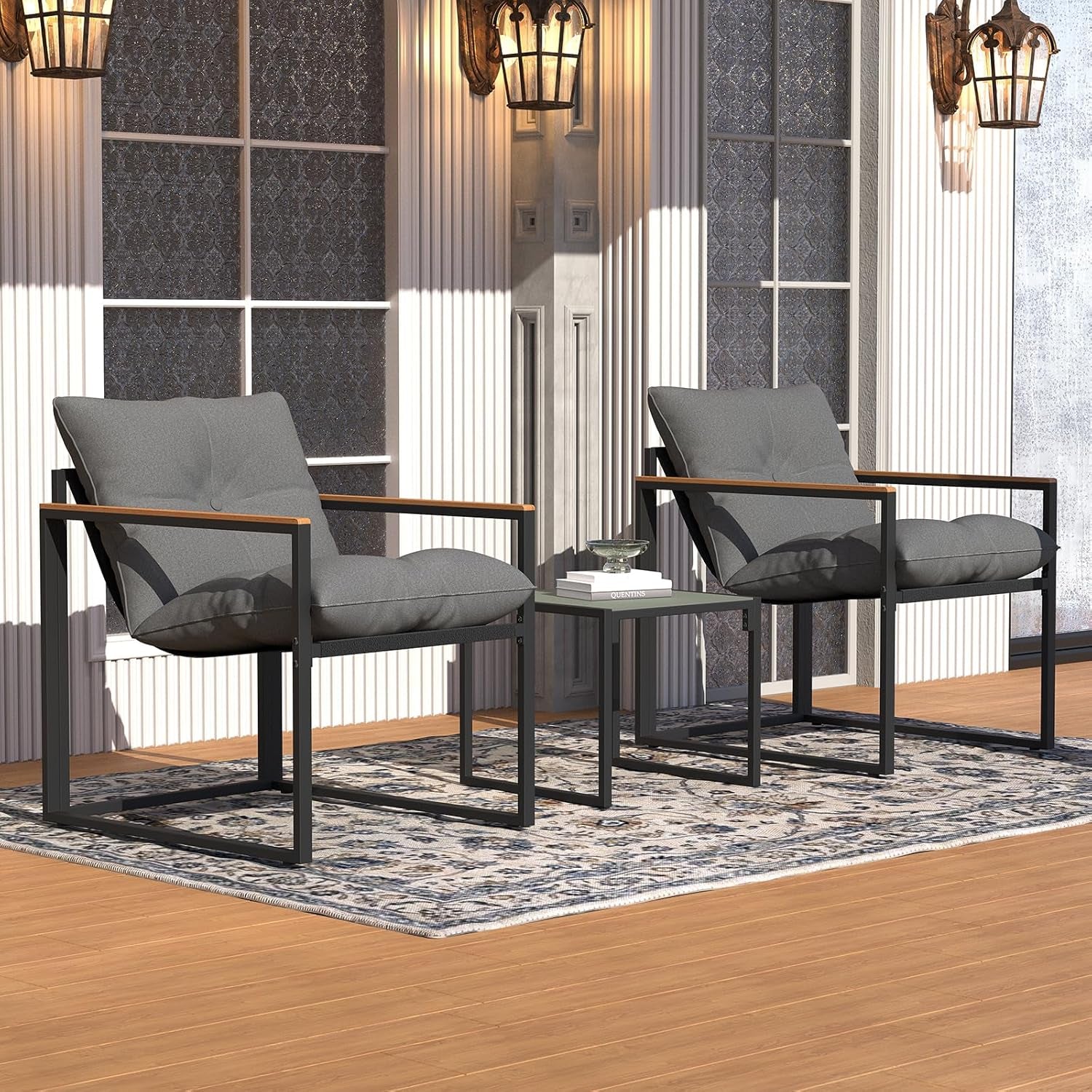 Patio Outdoor Furniture 3 Pcs Bistro/Converstation Set with 2 Chairs and 1 Coffee Table, Together with Cushions&Backrest, for Patio, Indoor, Garden, Balcony, Poolside, Bistro