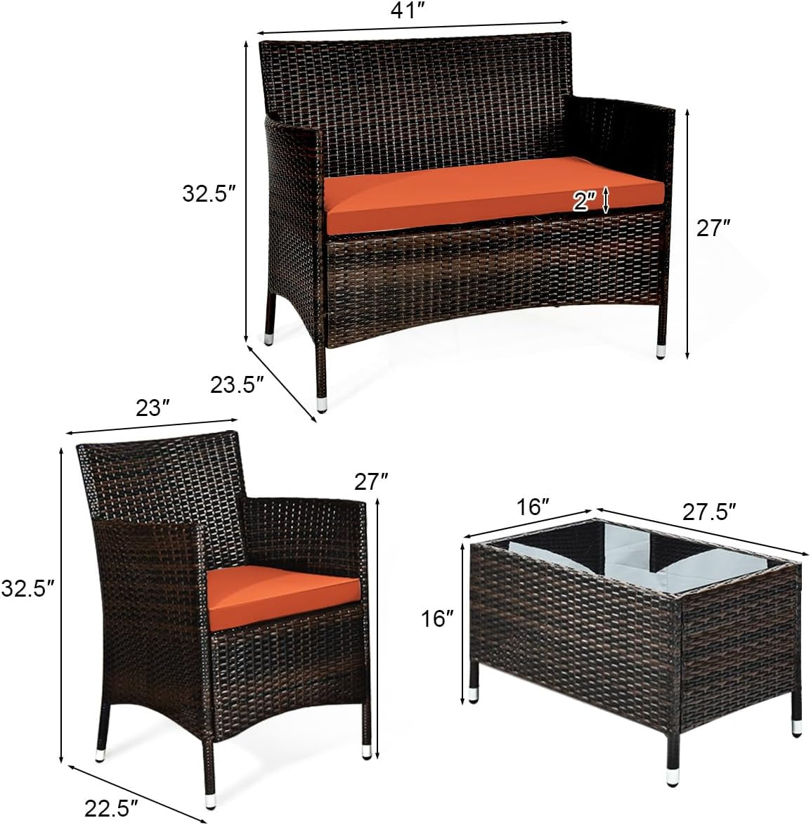 4-Piece Rattan Patio Set, Outdoor/Indoor Wicker Conversation Set for Pool, Backyard, Lawn, Wicker Chairs and Sofa with Soft Cushion, Rattan Furniture with Tempered Glass Coffee Table