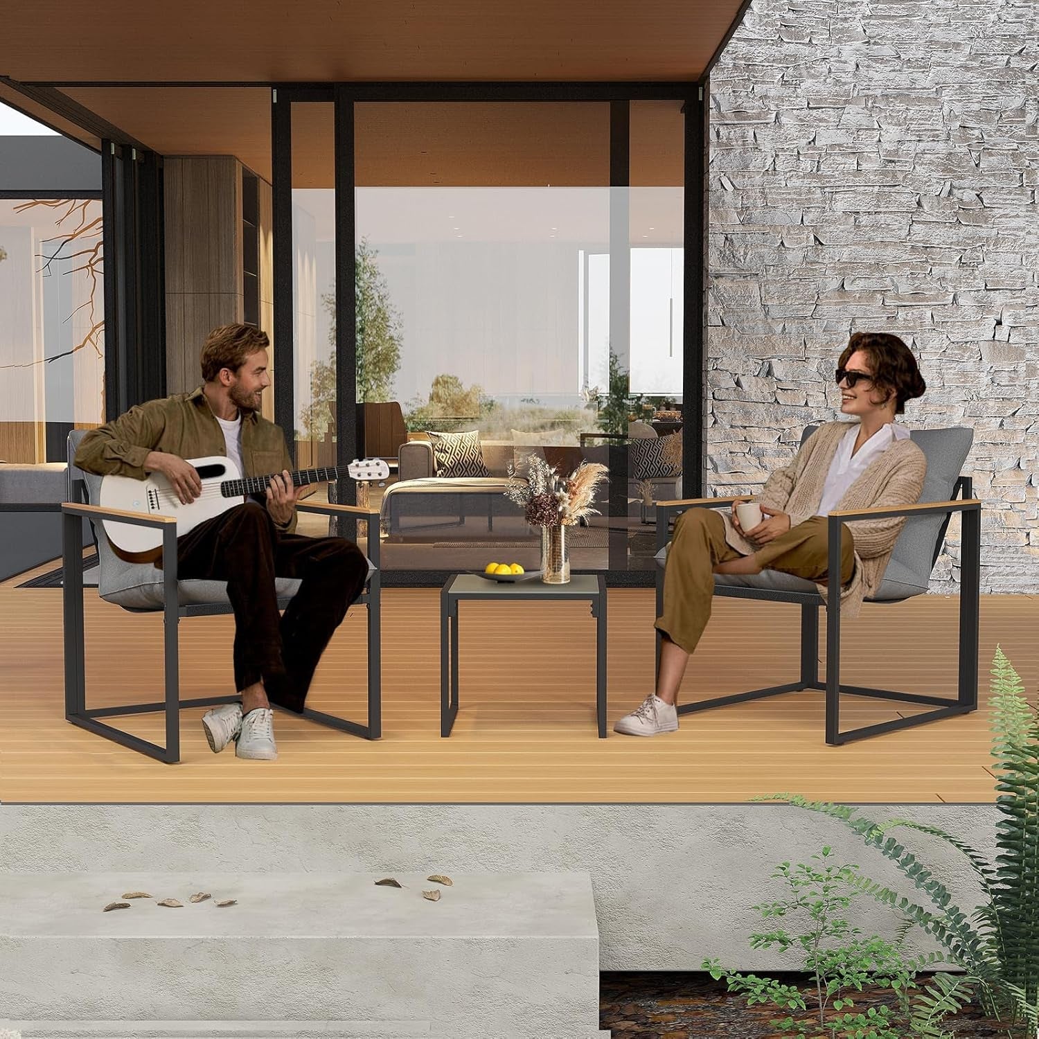 Patio Outdoor Furniture 3 Pcs Bistro/Converstation Set with 2 Chairs and 1 Coffee Table, Together with Cushions&Backrest, for Patio, Indoor, Garden, Balcony, Poolside, Bistro