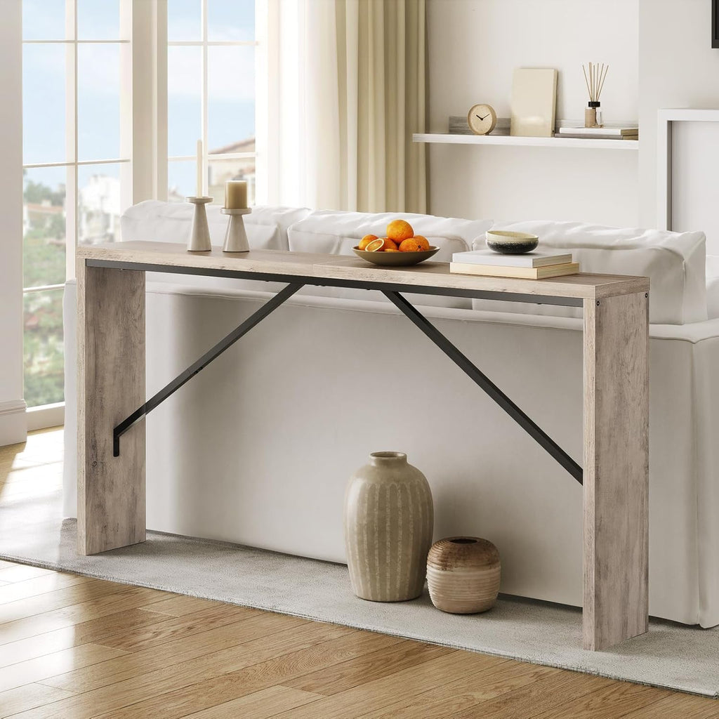 Console Table, 62.2" Long Sofa Table behind Couch, Narrow Entryway Table, Farmhouse Dining Table with Angled Metal Frame, Industrial Console Table for Entryway, Greige CTHG15801