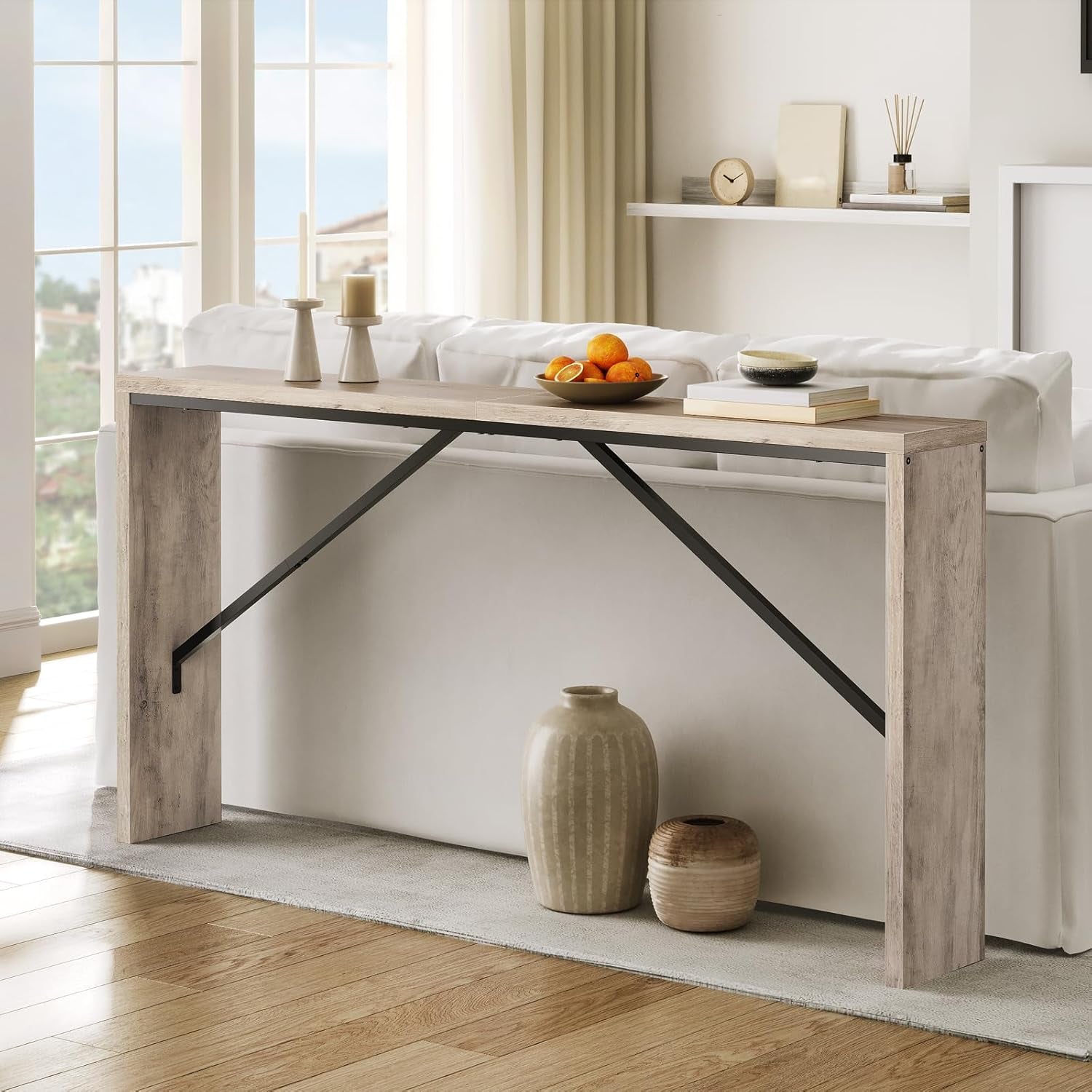 Console Table, 62.2" Long Sofa Table behind Couch, Narrow Entryway Table, Farmhouse Dining Table with Angled Metal Frame, Industrial Console Table for Entryway, Greige CTHG15801
