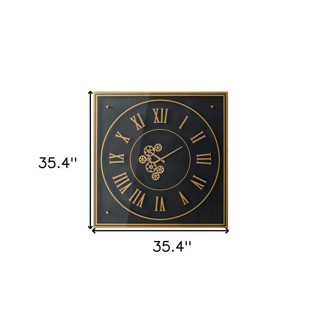 35" Black And Gold Glass And Metal Exposed Gear Square Wall Clock