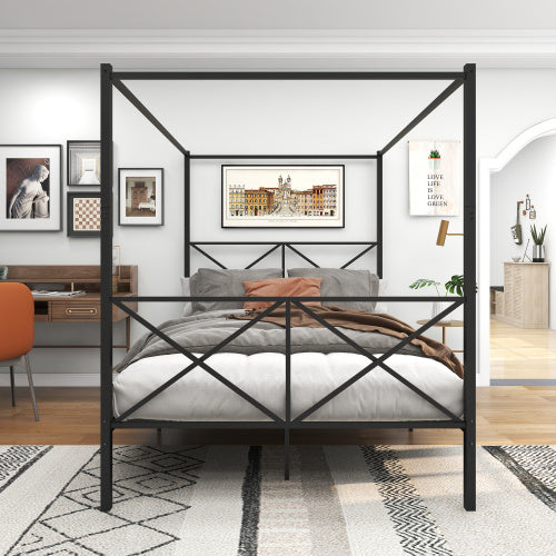 Metal Canopy Bed Frame, Platform Bed Frame Queen With X Shaped Frame Queen Black