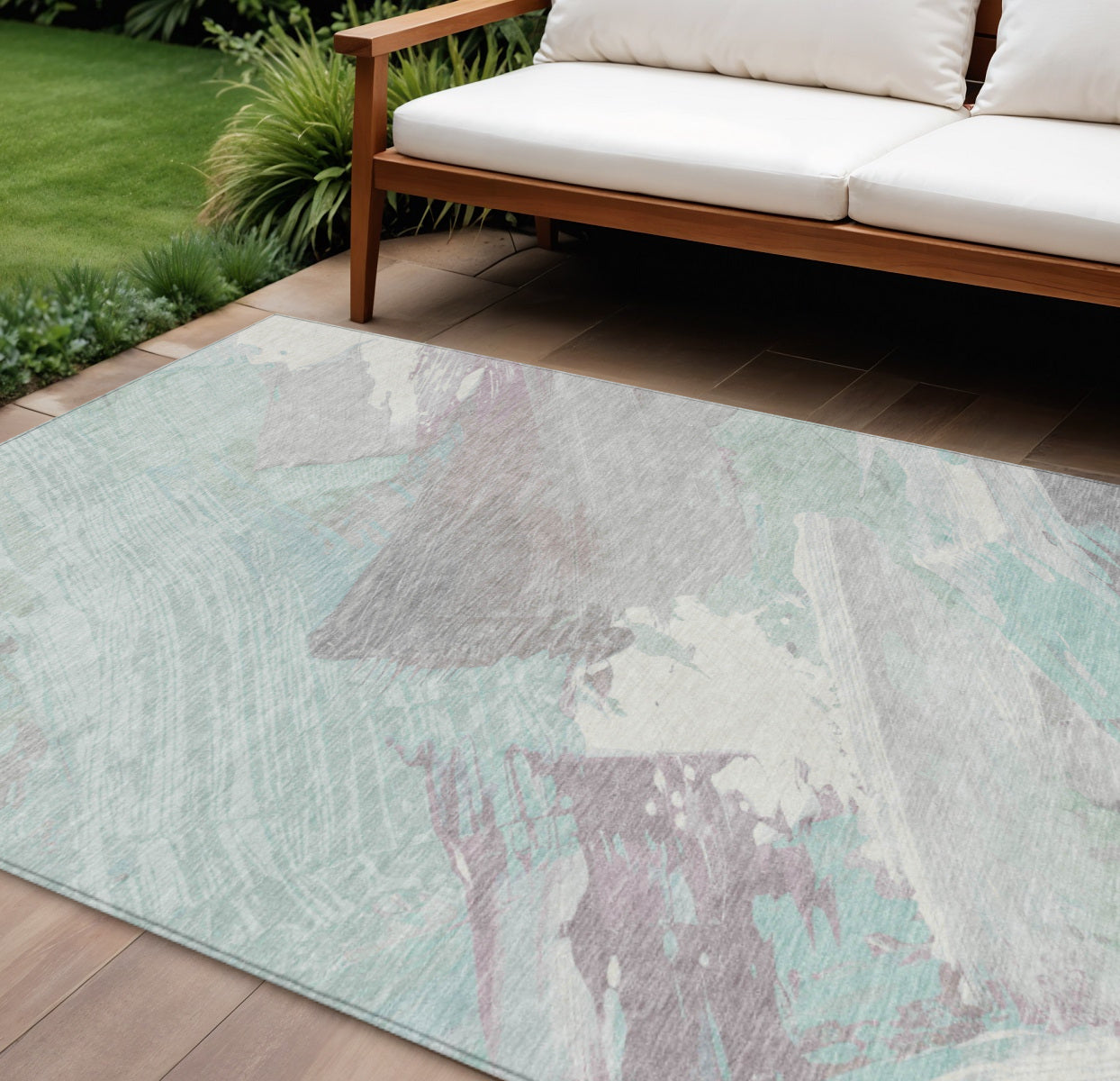8' X 10' Blue Teal Blue And Gray Abstract Washable Indoor Outdoor Area Rug