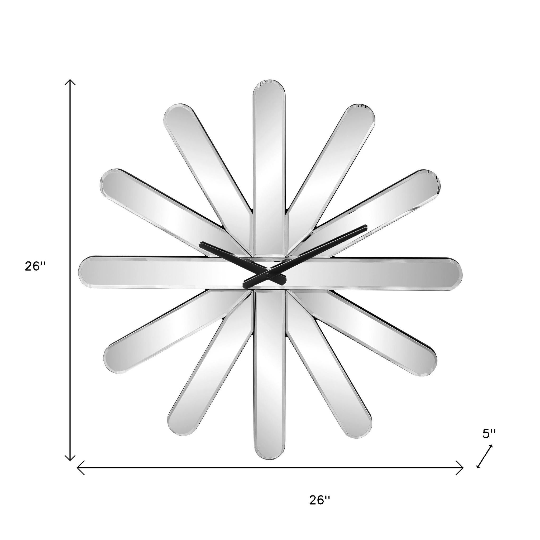 26" Silver Mirrored Glass Silent Analog Starburst Wall Clock
