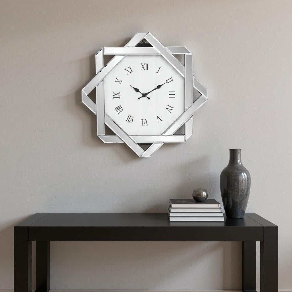 26" Silver Mirrored Glass Silent Analog Geometric Wall Clock