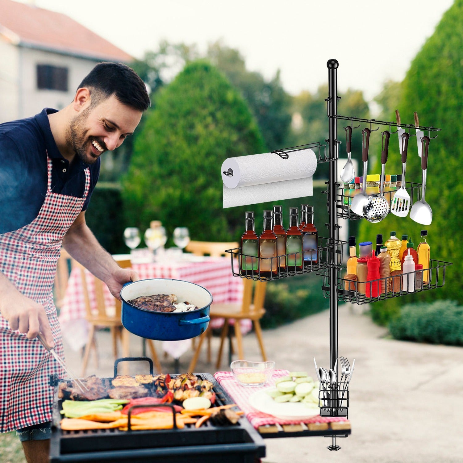 1Pc Griddle Caddy With Paper Towel Holder Hook Baskets BBQ Accessories Storage Rack Vertical Standing BBQ Organizer Grill Utensil Storage Fit For Blackstone Griddle