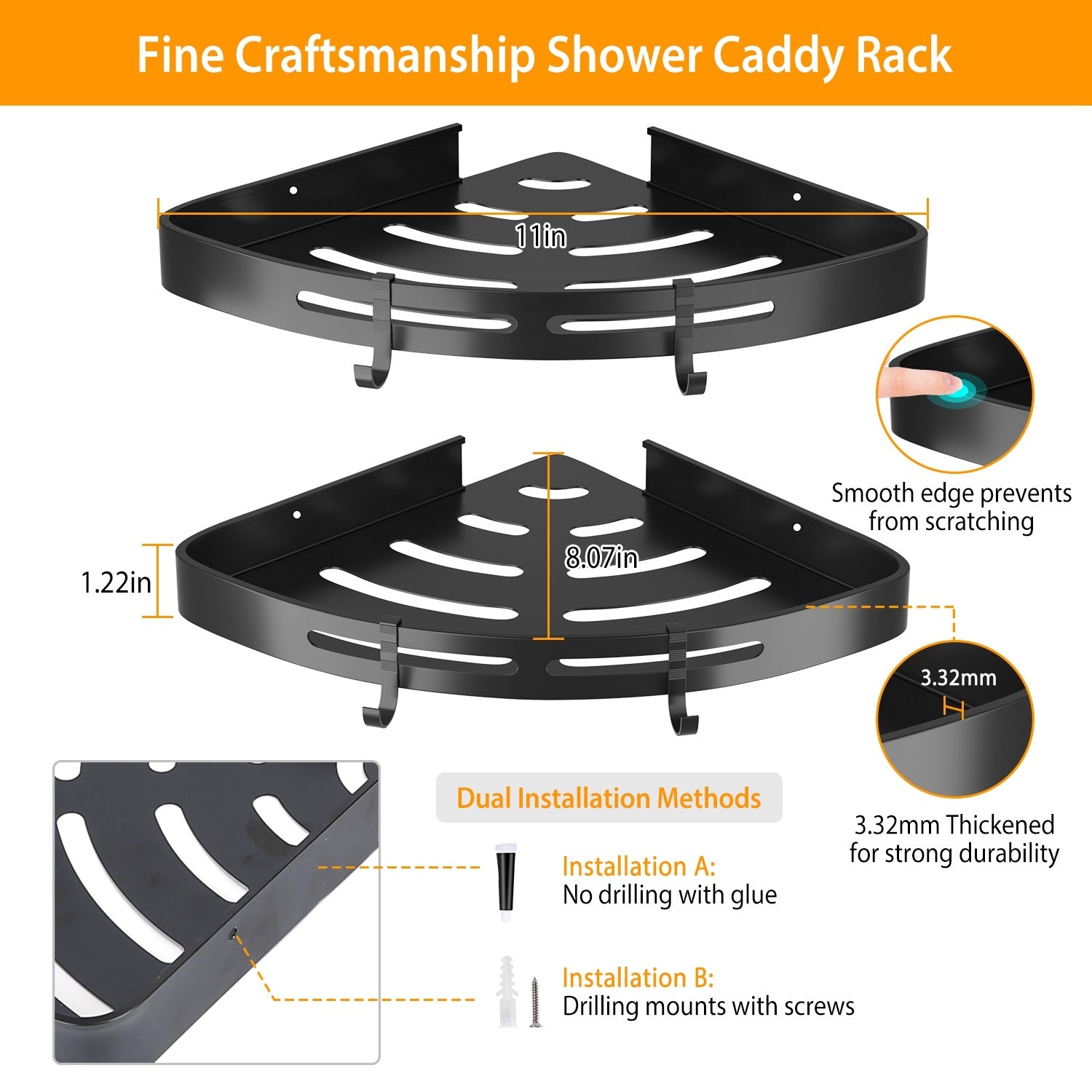2Pcs Corner Shower Caddy Shelf Adhesive Bathroom Wall Mounted Storage Racks