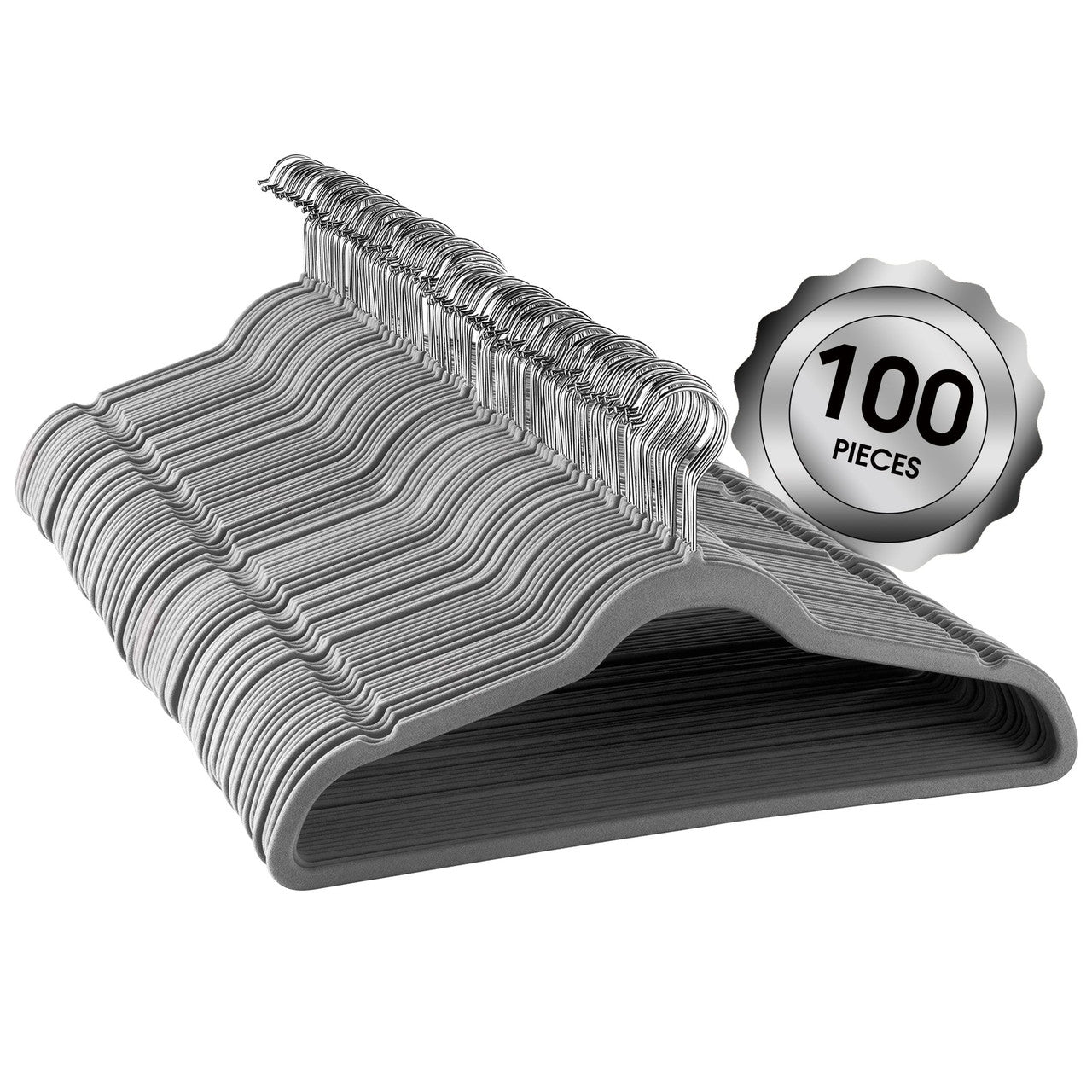 100 Piece Set of Velvet Slim Profile Heavy Duty Felt Hangers with Stainless Steel Swivel Hooks in G