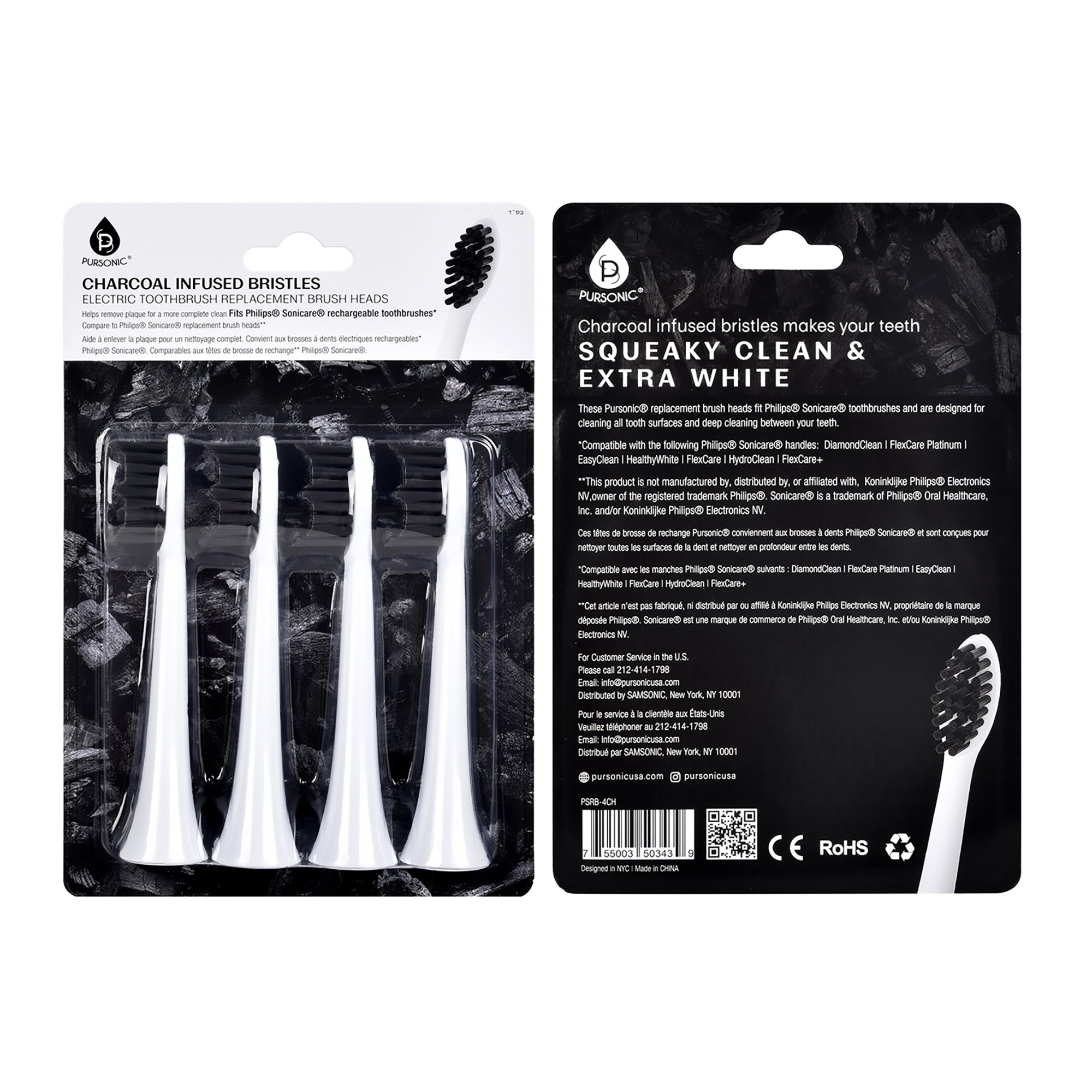 Pursonic Replacement Toothbrush Heads Charcoal Infused Bristles, Compatible with Philips Sonicare Electric Toothbrush Handles - Pack-0