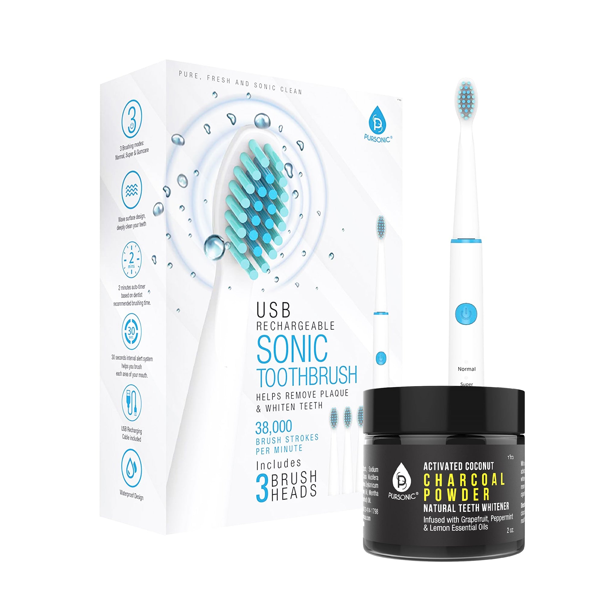 USB Rechargeable Electric Toothbrush + Freebie Activated Coconut Charcoal Powder Natural Teeth Whitener-0