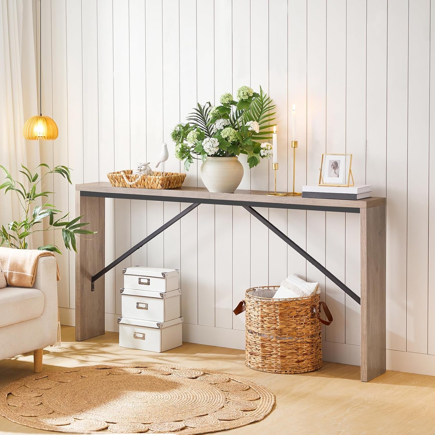 Console Table, 62.2" Long Sofa Table behind Couch, Narrow Entryway Table, Farmhouse Dining Table with Angled Metal Frame, Industrial Console Table for Entryway, Greige CTHG15801