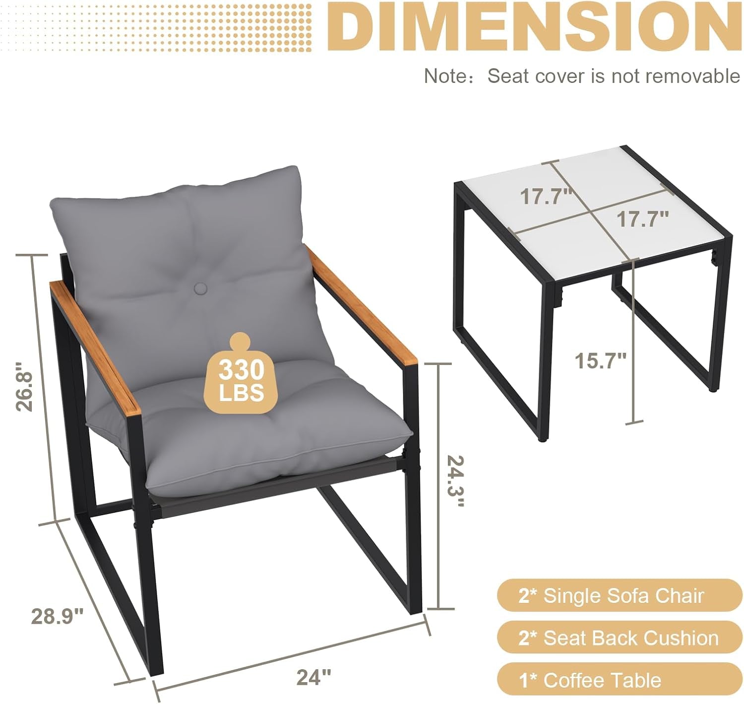 Patio Outdoor Furniture 3 Pcs Bistro/Converstation Set with 2 Chairs and 1 Coffee Table, Together with Cushions&Backrest, for Patio, Indoor, Garden, Balcony, Poolside, Bistro