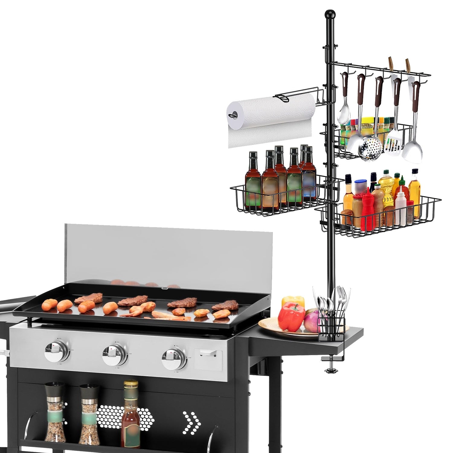 1Pc Griddle Caddy With Paper Towel Holder Hook Baskets BBQ Accessories Storage Rack Vertical Standing BBQ Organizer Grill Utensil Storage Fit For Blackstone Griddle