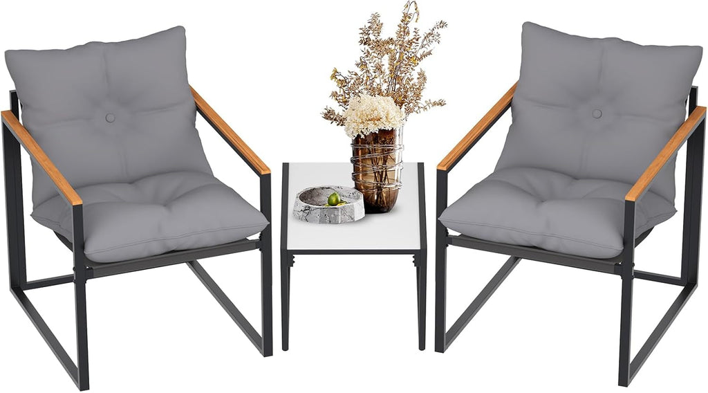 Patio Outdoor Furniture 3 Pcs Bistro/Converstation Set with 2 Chairs and 1 Coffee Table, Together with Cushions&Backrest, for Patio, Indoor, Garden, Balcony, Poolside, Bistro
