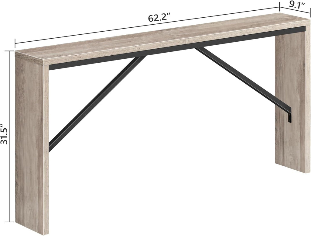 Console Table, 62.2" Long Sofa Table behind Couch, Narrow Entryway Table, Farmhouse Dining Table with Angled Metal Frame, Industrial Console Table for Entryway, Greige CTHG15801