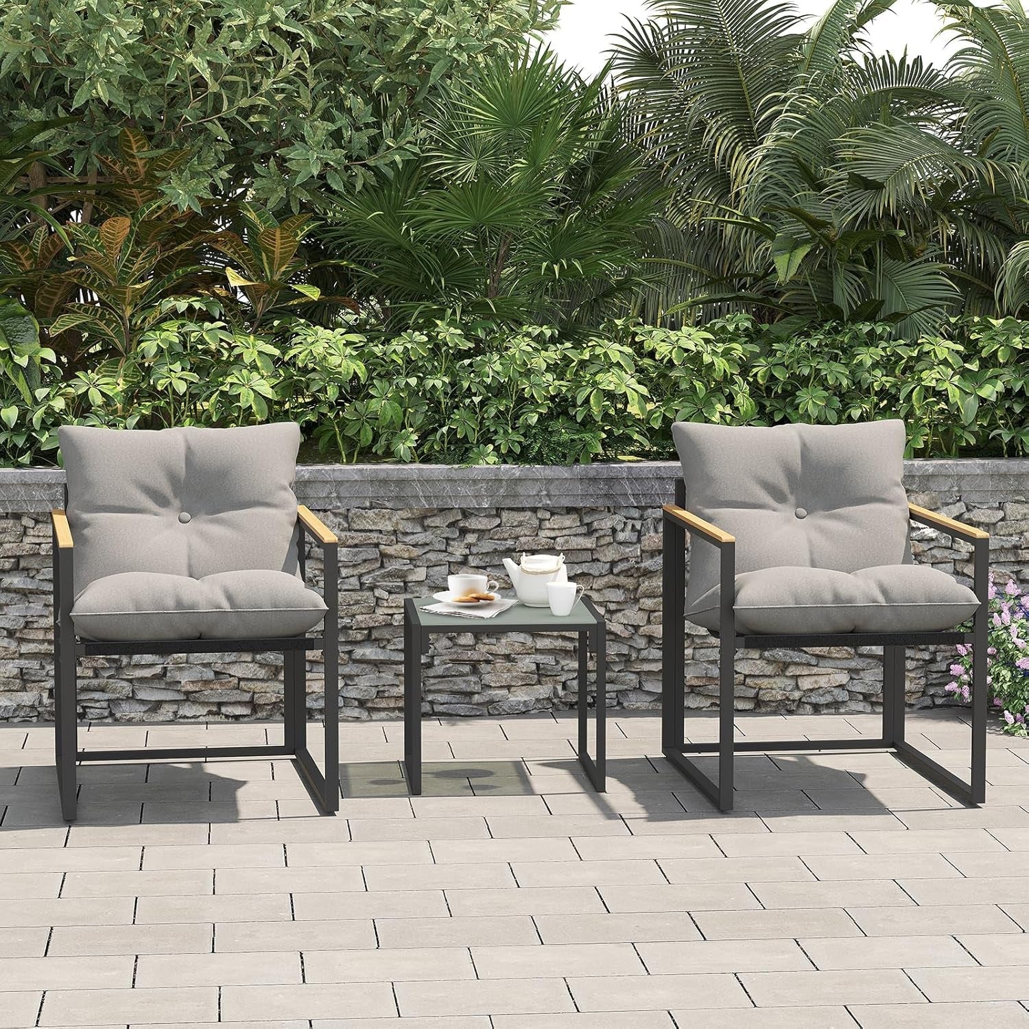 Patio Outdoor Furniture 3 Pcs Bistro/Converstation Set with 2 Chairs and 1 Coffee Table, Together with Cushions&Backrest, for Patio, Indoor, Garden, Balcony, Poolside, Bistro